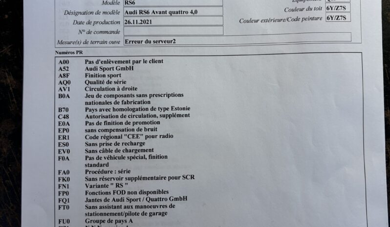 AUDI RS6 4.0 V8 TFSI Quattro C8 Tiptronic S – 2021 ( MOD 2022 ) – Vendue complet